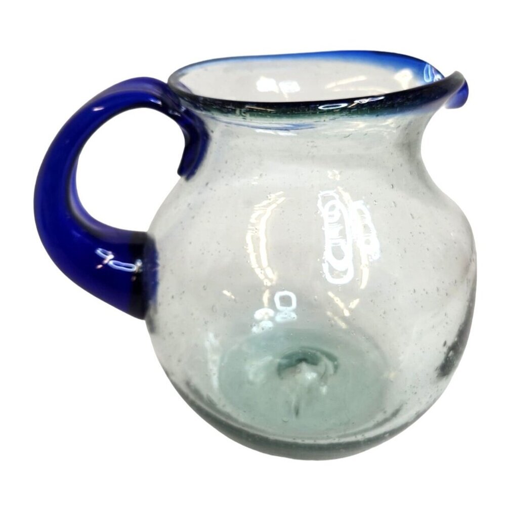 Artisan Handblown Glass Pitcher with Cobalt Blue Handle and Rim